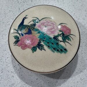 Porcelain Trinket Box w/ Lid Pheasant Peacock Flowers Cream Color